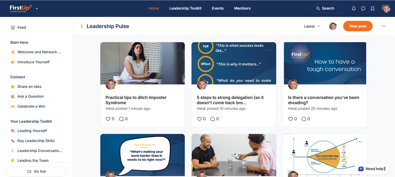 FirstUp Leaders Network dashboard showing the leadership pulse feed
